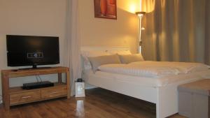 a bedroom with a bed with a television on a table at Bike & Ski kappe, am Bikepark, Skilift in Winterberg