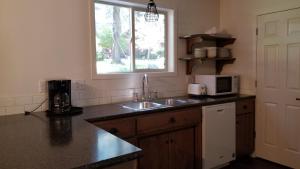 a kitchen with a sink and a microwave at Eagle Cap Chalets in Joseph