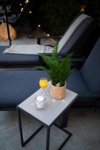 une table avec un verre de jus d'orange et une plante dans l'établissement First apartment Zadar, à Zadar