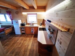 a kitchen with wooden walls and a counter top at Chata BAŠKA na Liptove s vlastným dvorom in Liptovský Mikuláš