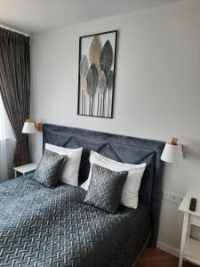 a bedroom with a bed with a blue headboard and pillows at DanGinta in Druskininkai