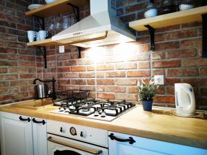 a kitchen with a stove and a brick wall at Holiday Home Bulog in Sinac