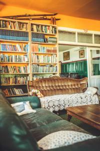 a living room with couches and shelves of books at Retro hotel Pod Zvičinou in Bílá Třemešná