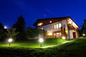 a house at night with lights on the lawn at Chata Panorama Beskidów in Ustroń