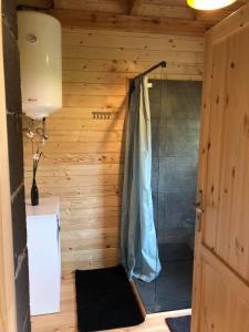 a bathroom with a shower in a wooden cabin at Zamieszkaj na wsi blisko Warszawy in Borucza