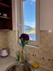 a kitchen sink with a vase of flowers in a window at Apartments Violeta in Budva +46 photos