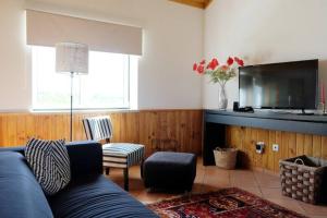 a living room with a blue couch and a tv at Quinta de Vodra in Seia