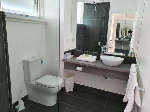 bagno con servizi igienici, lavandino e specchio di Prom Country Lodge a Foster
