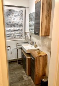 a bathroom with a white sink and a window at Exklusives Wohnen am Stadtpark in Bad Driburg