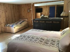 a bedroom with two beds and a television in it at HÔTEL RESTAURANT LA FOURMI in Bourbach-le-Haut
