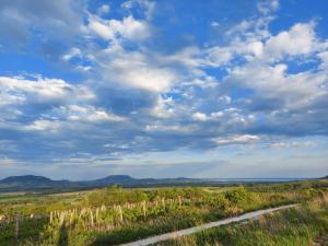 ein Feld mit einem Zaun und einem blauen Himmel mit Wolken in der Unterkunft Casa Beata in Lesencetomaj