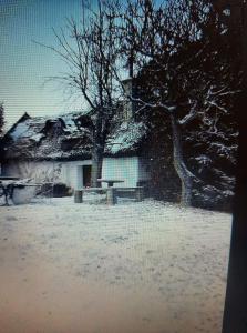 ein Haus mit einem schneebedeckten Dach und einem Picknicktisch in der Unterkunft Casa Beata in Lesencetomaj