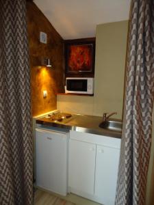 uma pequena cozinha com um lavatório e um micro-ondas em Villa Praesidio em Riventosa