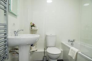 a white bathroom with a toilet and a sink at Millburn Apartment in Inverness