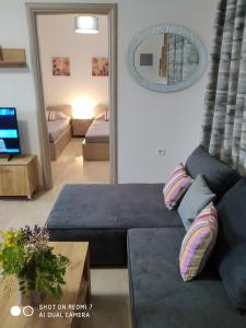 - un salon avec un canapé bleu et un miroir dans l'établissement Fotaki's Home - Comfortable newbuilt 2 Bedroom Home, 20 meters from the sea, à Kardamaina