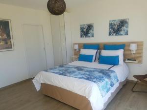 um quarto com uma cama grande e almofadas azuis e brancas em Le Jardin des Pies em Manspach