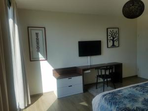 sypialnia z łóżkiem i biurkiem z telewizorem w obiekcie Le Jardin des Pies w mieście Manspach
