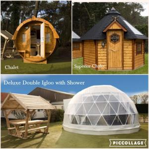 a collage of pictures of a wooden igloo and a wooden house at Costa Kabrita in Huijbergen