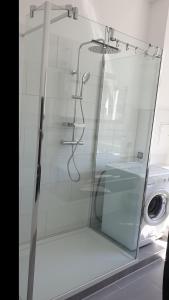 a shower in a bathroom with a washing machine at Goethe 2 - Mitten im Zentrum von Schwerin in Schwerin