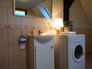 a bathroom with a washing machine and a sink at Willa Borynówka in Kazimierz Dolny