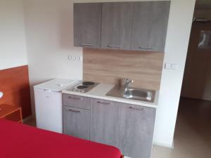 Una pequeña cocina con fregadero y estufa. en Sport Hotel České Budějovice, en České Budějovice 45 fotos más