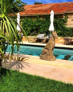 a statue of a dog sitting next to a swimming pool at Le petit hotel in Saint-Rémy-de-Provence