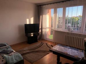 a living room with a tv and a large window at Mieszkanie dwupokojowe Hel in Hel