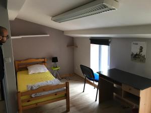 a bedroom with a bed and a desk in it at Espace Grenouillit Le Puy en Velay in Le Puy-en-Velay