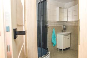 a bathroom with a shower and a sink at Apartamenty w Świeciu CS17 in Świecie