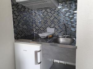 a small kitchen with a sink and a counter at le studio du palais de la mer in Le Grau-du-Roi +15 photos
