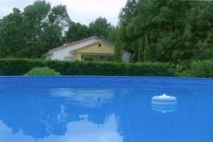 una piscina azul de agua con una casa en el fondo en 2 bedrooms villa with private pool garden and wifi at La Calzada de Bejar, en La Calzada de Béjar