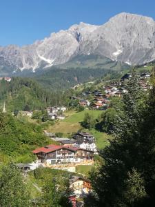 a village on a hill with mountains in the background at Apartments Helsen in Mühlbach am Hochkönig