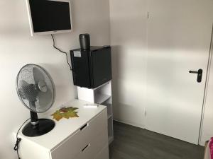 um quarto com uma ventoinha e uma televisão numa cómoda em Schiffsherberge Müllrose em Müllrose