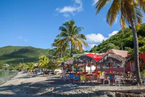- une plage avec des tables, des chaises et des palmiers dans l'établissement Meublé 8 Couchages Bord De Mer, à Les Anses-d'Arlet