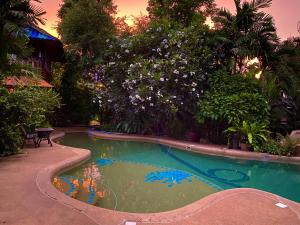 una pequeña piscina en un patio con árboles en Shanti Lodge Phuket, en Chalong 