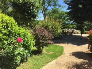 un giardino con panchina e alcuni cespugli e fiori di La Closerie de Baneuil a Baneuil