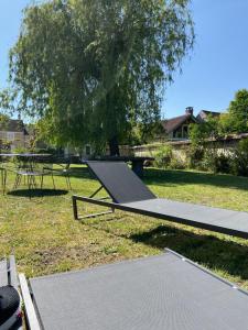 a skateboard ramp in a park with a table and a tree at Cocon en lisière de forêt in Bourron-Marlotte