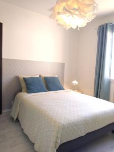 ロモランタンにあるLes Malvasのベッドルーム1室(青い枕とシャンデリア付きのベッド1台付)