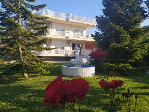 a building with a fountain in the grass with flowers at Villa St.George in Katerini