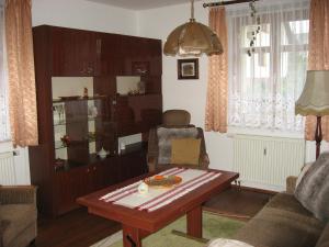 sala de estar con mesa de centro y sofá en Haus Ingrid Ferienwohnung Vintage en Oberlungwitz