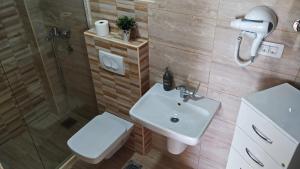 a bathroom with a sink and a shower and a toilet at Apartments Abramovic 2 in Sutomore +37 photos