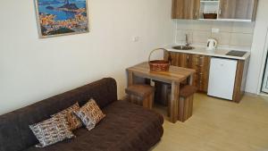 a living room with a couch and a small kitchen at Apartments Abramovic 2 in Sutomore