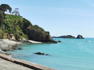 une plage avec un tas de bateaux dans l'eau dans l'établissement L'Ancre Marine, à Cancale