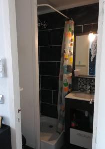 Un baño con cortina de ducha y lavabo. en Les Arènes - Port Leucate - Une chambre - Terrasse - Proche Commerces - Tout confort, en Leucate