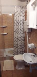 a bathroom with a toilet and a shower curtain at Delfin Apartments in Sveti Juraj