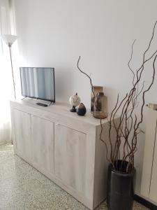 TV en la parte superior de una cómoda de madera en Ca Enrico luxury flat en Monterosso al Mare