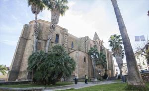 un grand bâtiment avec des palmiers devant dans l'établissement Apartamento La Machacona TENERIAS, à Cáceres