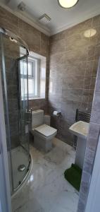 a bathroom with a toilet and a shower and a sink at Holly Lodge in Weston-super-Mare