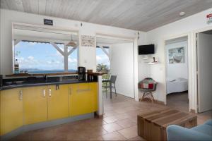 a kitchen and living room with a view of the ocean at COEUR SUR LA MAIN in Le Diamant