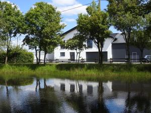 a house next to a pond in front of a house at Ferienwohnungen Eifelausblick in Hümmel